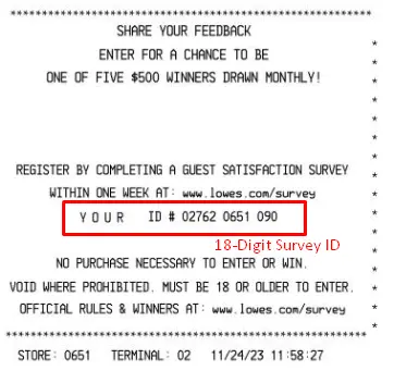 Lowe's sample receipt to find 18-digit Lowe's Survey code to start.