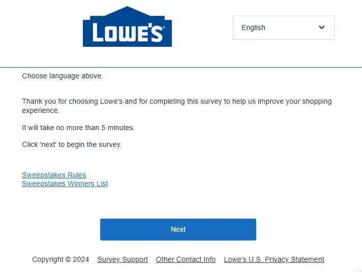 Lowes.com survey homepage overview
